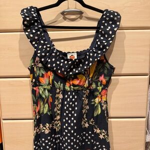 FARM Rio Black Tropical Floral Polka Dot Mini Dress | Size L